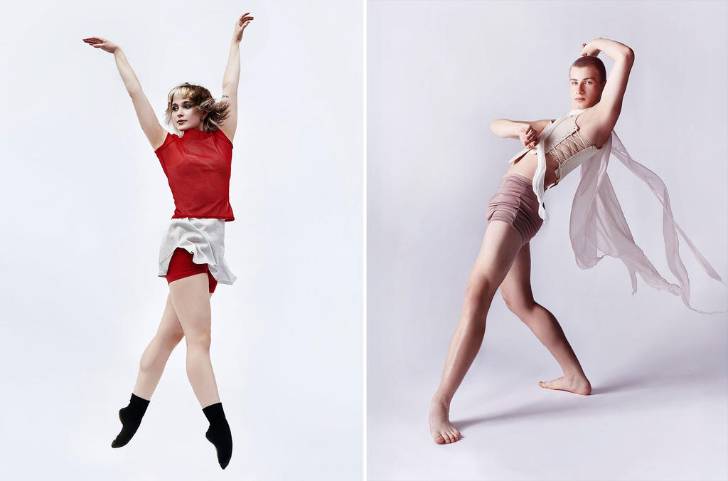 female dancers dressed in red, white and black stretching up above her head against white background and male dancer dressed in off white stretching back and over his head against white background